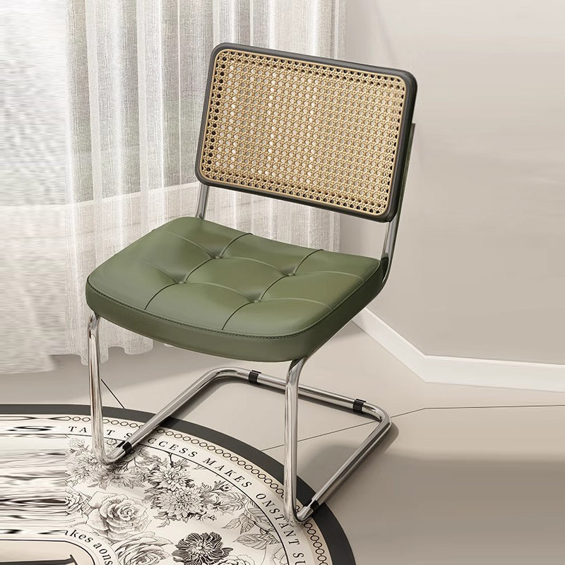 Traditional Vintage Arc Stainless Steel Faux Oil Wax Leather Sponge Plastic Rattan Weaving Dining Chair Backrest Armless For Dining Room