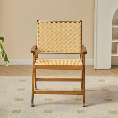 Traditional Rustic Foldable Rectangular Bamboo Polyester Resin Rattan Weaving Dining Chair Backrest Armrest For Dining Room