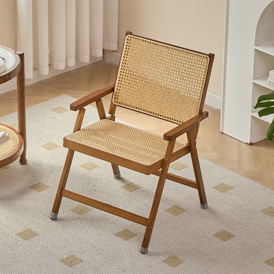 Traditional Rustic Foldable Rectangular Bamboo Polyester Resin Rattan Weaving Dining Chair Backrest Armrest For Dining Room