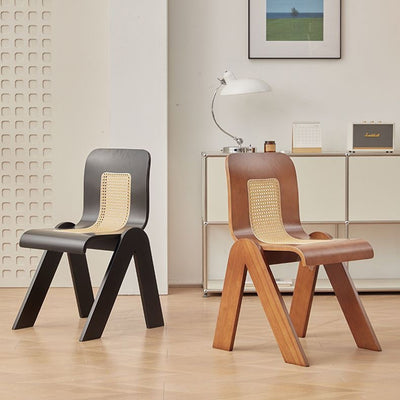 Traditional Vintage Arc V-Shape Solid Wood Rattan Weaving Dining Chair Backrest Armless For Dining Room