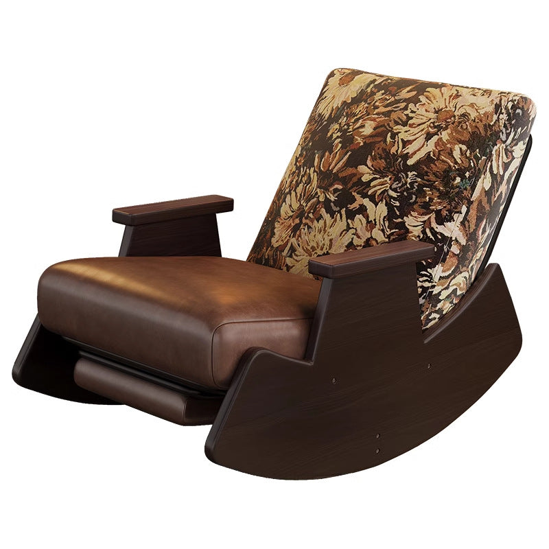 Traditional Vintage Detachable Rectangular Faux Oil-Wax Leather Flannelette Solid Wood Iron Sponge Cotton Rocking Chair Backrest Armrest For Living Room