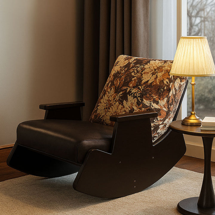 Chaise berçante traditionnelle vintage rectangulaire détachable en similicuir huile-cire flannelette bois massif fer éponge coton avec dossier et accoudoirs pour salon 
