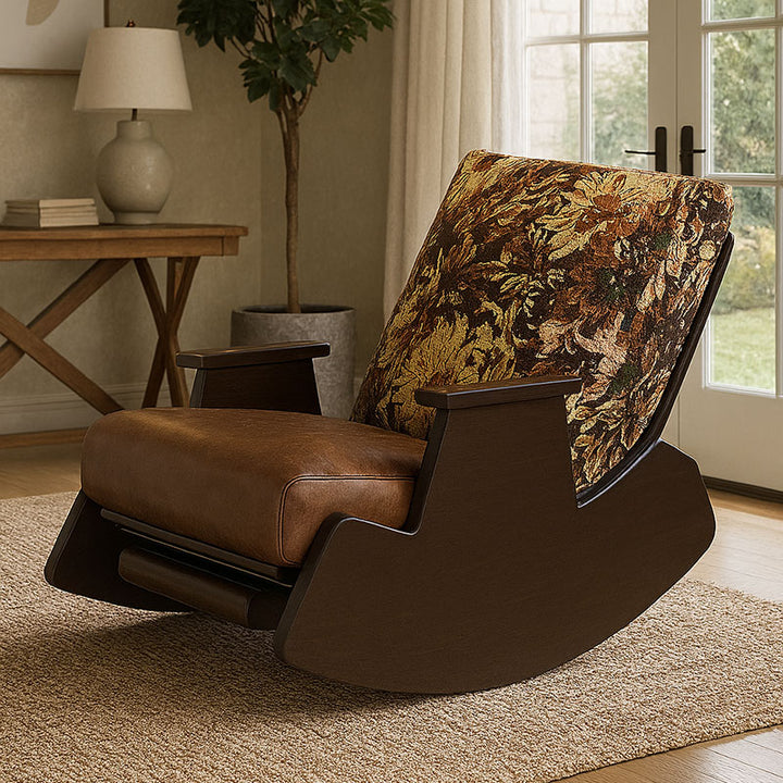 Chaise berçante traditionnelle vintage rectangulaire détachable en similicuir huile-cire flannelette bois massif fer éponge coton avec dossier et accoudoirs pour salon 