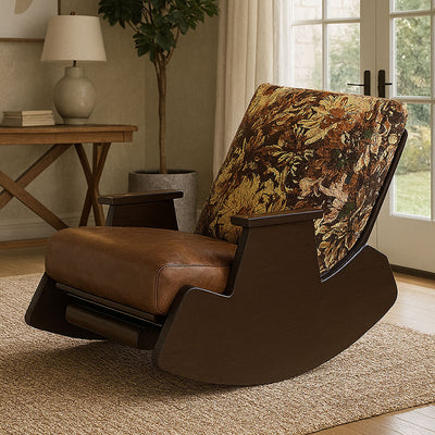 Traditional Vintage Detachable Rectangular Faux Oil-Wax Leather Flannelette Solid Wood Iron Sponge Cotton Rocking Chair Backrest Armrest For Living Room