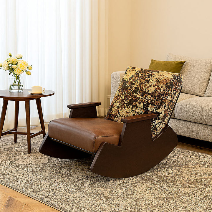 Chaise berçante traditionnelle vintage rectangulaire détachable en similicuir huile-cire flannelette bois massif fer éponge coton avec dossier et accoudoirs pour salon 
