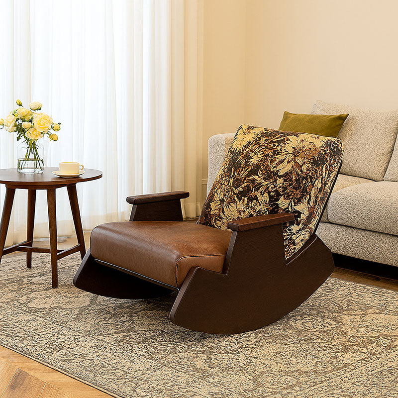 Traditional Vintage Detachable Rectangular Faux Oil-Wax Leather Flannelette Solid Wood Iron Sponge Cotton Rocking Chair Backrest Armrest For Living Room