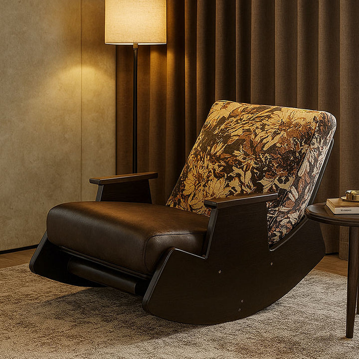 Chaise berçante traditionnelle vintage rectangulaire détachable en similicuir huile-cire flannelette bois massif fer éponge coton avec dossier et accoudoirs pour salon 