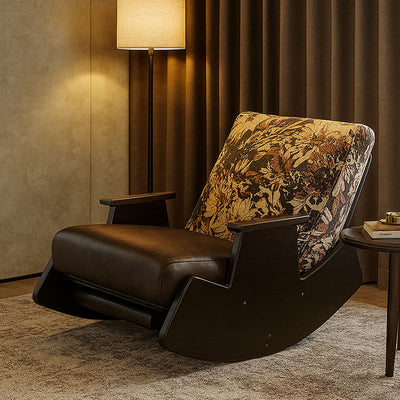 Traditional Vintage Detachable Rectangular Faux Oil-Wax Leather Flannelette Solid Wood Iron Sponge Cotton Rocking Chair Backrest Armrest For Living Room