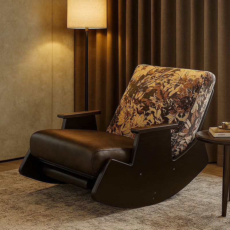 Traditional Vintage Detachable Rectangular Faux Oil-Wax Leather Flannelette Solid Wood Iron Sponge Cotton Rocking Chair Backrest Armrest For Living Room