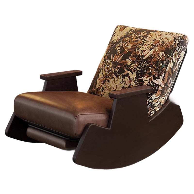 Traditional Vintage Detachable Rectangular Faux Oil-Wax Leather Flannelette Solid Wood Iron Sponge Cotton Rocking Chair Backrest Armrest For Living Room