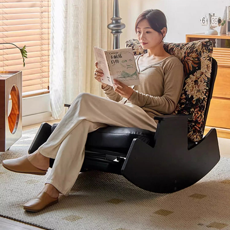 Traditional Vintage Detachable Rectangular Faux Oil-Wax Leather Flannelette Solid Wood Iron Sponge Cotton Rocking Chair Backrest Armrest For Living Room