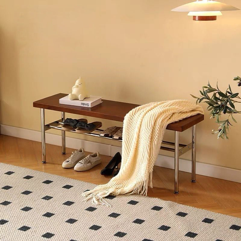 Traditional Vintage Rectangular Stainless Steel Solid Wood Bench Backless Armless For Hallway