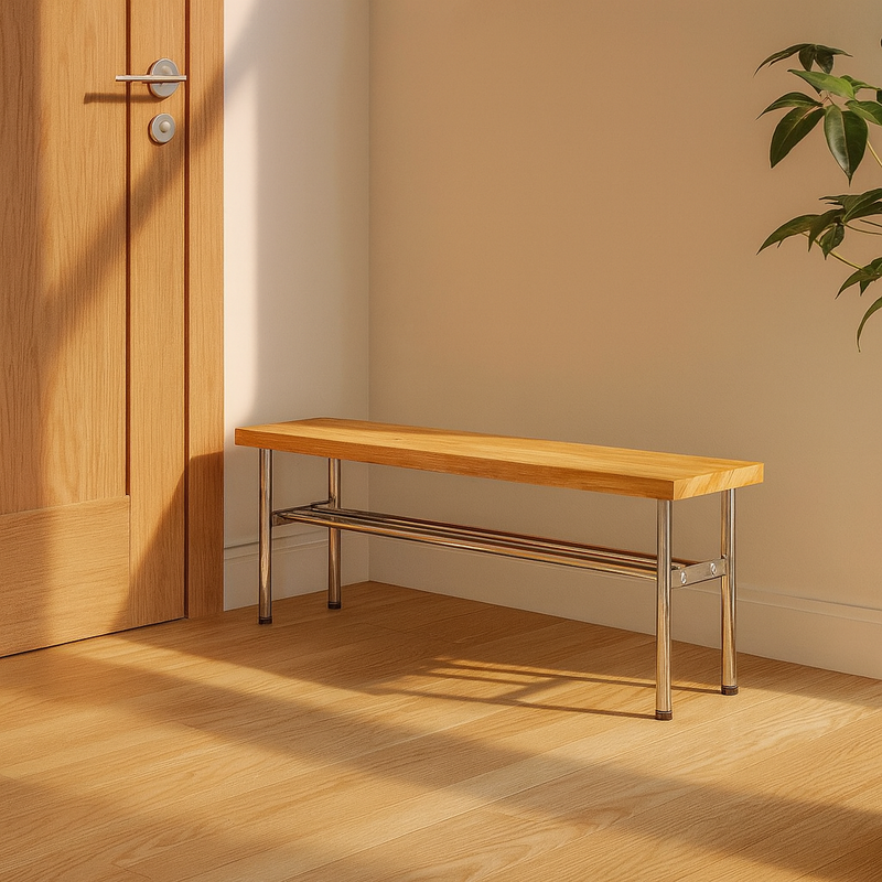 Traditional Vintage Rectangular Stainless Steel Solid Wood Bench Backless Armless For Hallway
