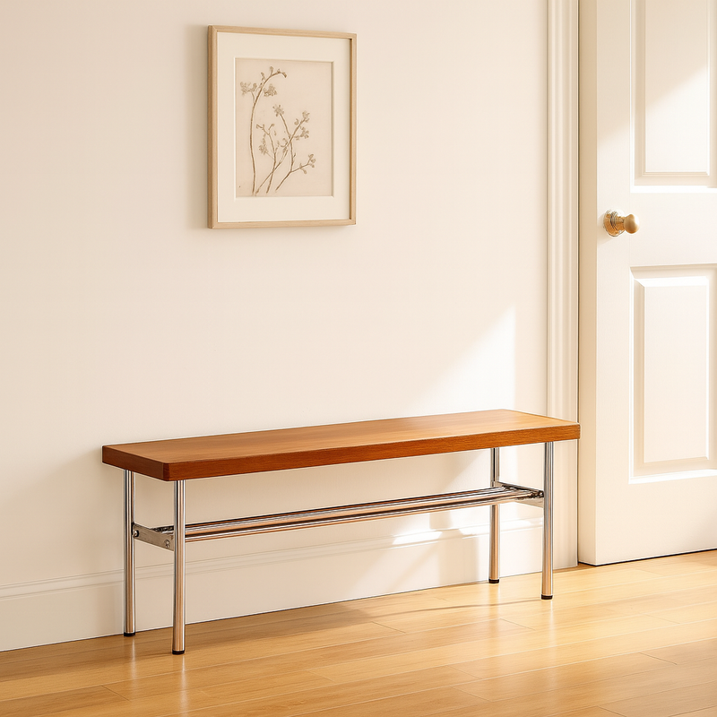 Traditional Vintage Rectangular Stainless Steel Solid Wood Bench Backless Armless For Hallway