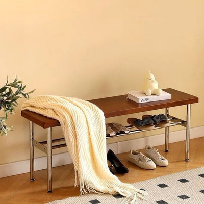 Traditional Vintage Rectangular Stainless Steel Solid Wood Bench Backless Armless For Hallway