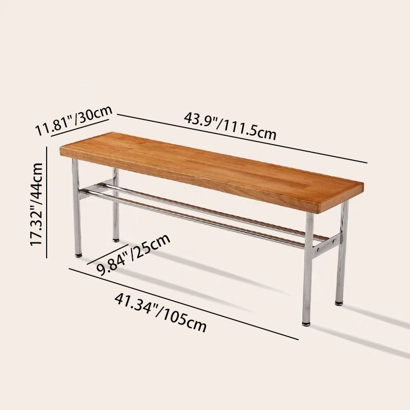 Traditional Vintage Rectangular Stainless Steel Solid Wood Bench Backless Armless For Hallway