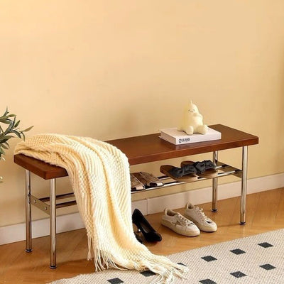 Traditional Vintage Rectangular Stainless Steel Solid Wood Bench Backless Armless For Hallway