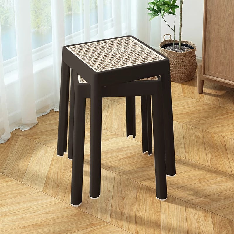 Moderno Minimalista Cuadrado Plástico PE Ratán Tejido Silla de Comedor Sin Respaldo Sin Brazos Para Comedor 