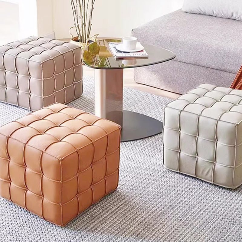 Modern Minimalist Cube Wood Faux Leather Sponge Footstool Backless Armless For Living Room
