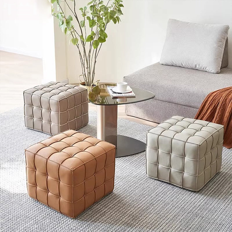 Modern Minimalist Cube Wood Faux Leather Sponge Footstool Backless Armless For Living Room