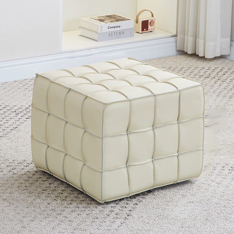 Modern Minimalist Cube Wood Faux Leather Sponge Footstool Backless Armless For Living Room