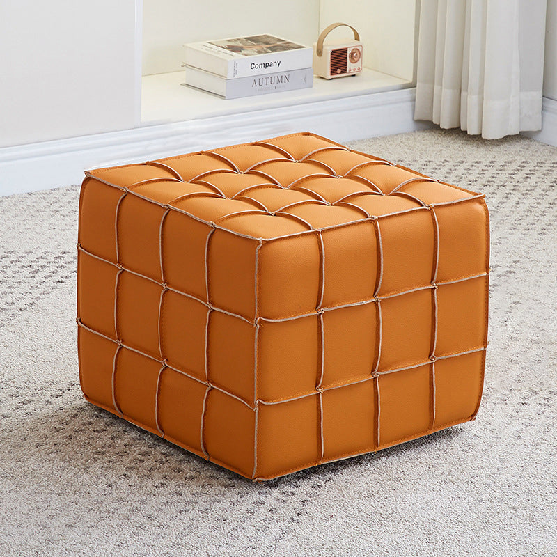 Modern Minimalist Cube Wood Faux Leather Sponge Footstool Backless Armless For Living Room