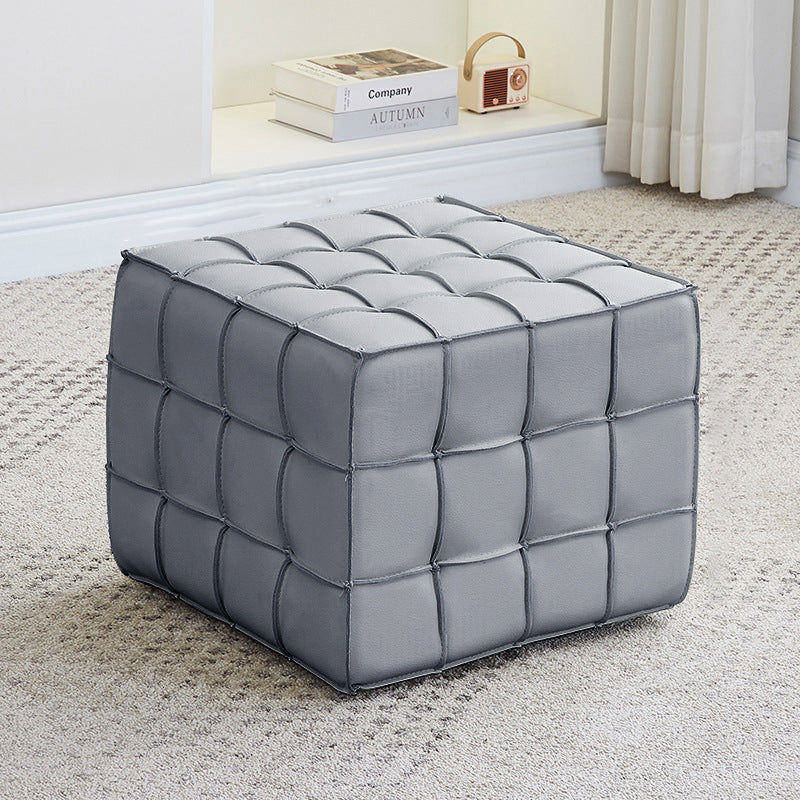 Modern Minimalist Cube Wood Faux Leather Sponge Footstool Backless Armless For Living Room