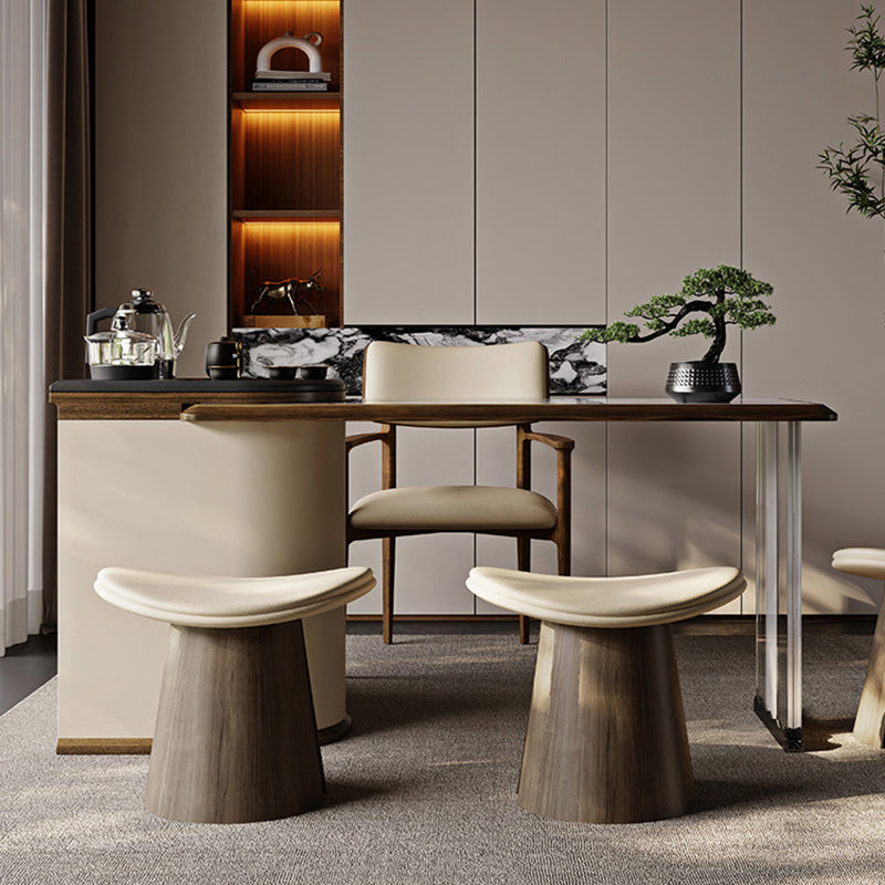 Traditional Vintage Arc Solid Wood Plywood Microfiber Leather Sponge Low Stool Backless Armless For Living Room