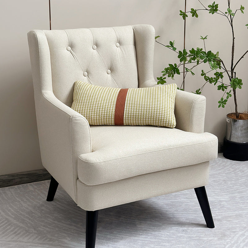 Contemporary Scandinavian Rectangular Solid Wood Cotton Linen Sponge Accent Chair Backrest Armrest For Living Room