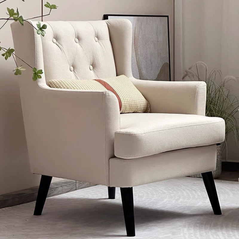 Contemporary Scandinavian Rectangular Solid Wood Cotton Linen Sponge Accent Chair Backrest Armrest For Living Room