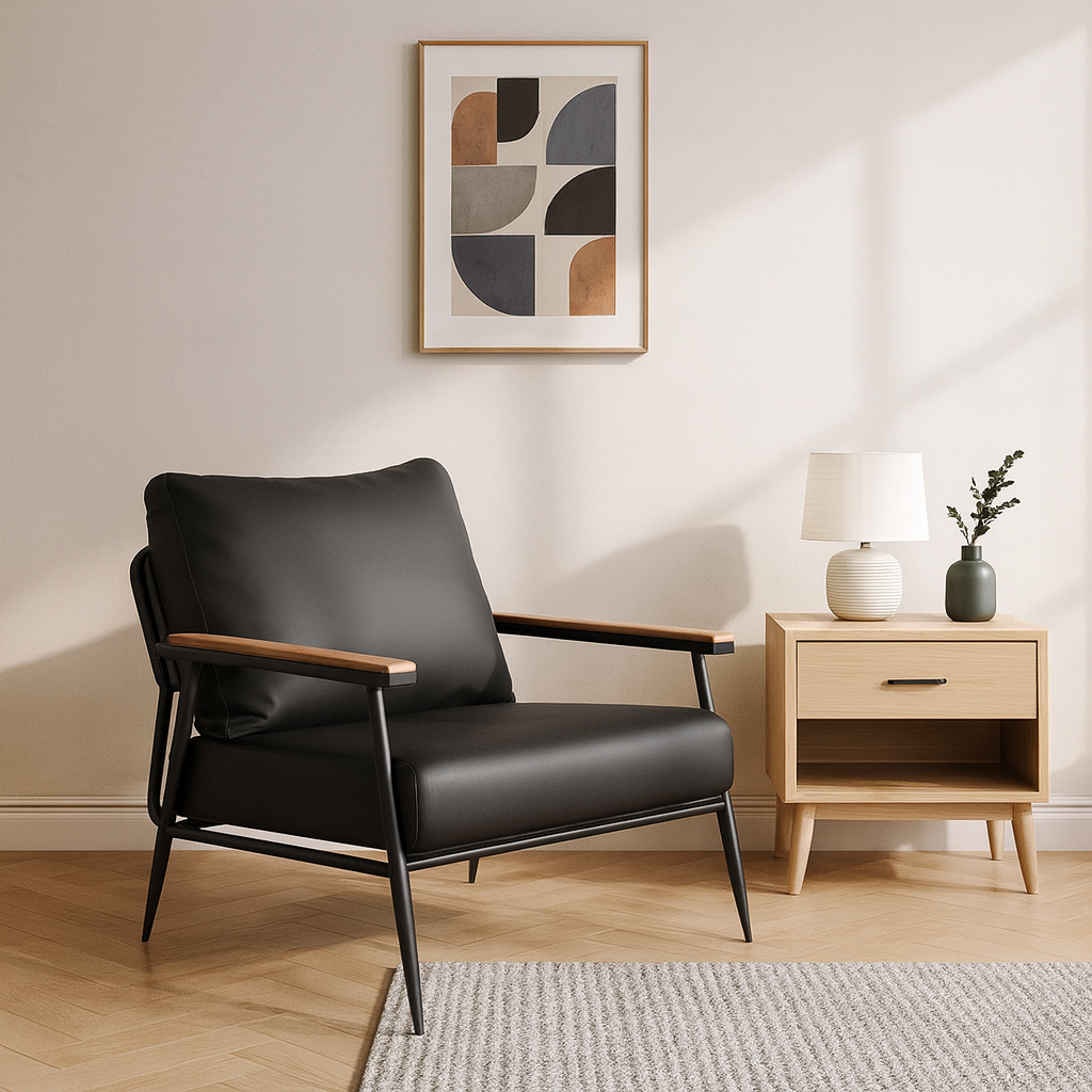 Moderner rechteckiger Akzentstuhl im Industrial-Stil aus Eisen, PU-Leder, Schwamm, Latex und PP-Baumwolle mit Rückenlehne und Armlehnen für das Wohnzimmer 