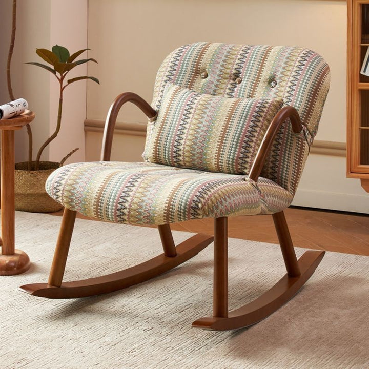 Fauteuil à bascule rectangulaire vintage traditionnel en bois massif avec dossier et accoudoirs en coton et lin pour salon 