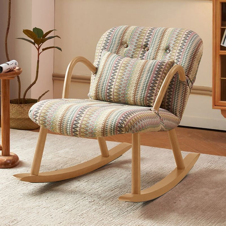 Fauteuil à bascule rectangulaire vintage traditionnel en bois massif avec dossier et accoudoirs en coton et lin pour salon 