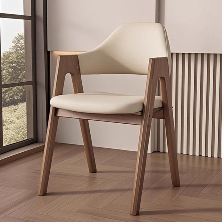 Chaise de salle à manger contemporaine scandinave en bois massif en forme de V avec dossier et accoudoirs en cuir microfibre et éponge 