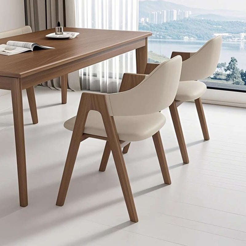 Chaise de salle à manger contemporaine scandinave en bois massif en forme de V avec dossier et accoudoirs en cuir microfibre et éponge 