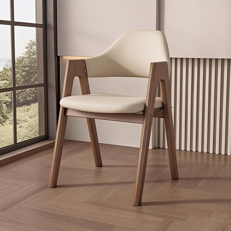 Chaise de salle à manger contemporaine scandinave en bois massif en forme de V avec dossier et accoudoirs en cuir microfibre et éponge 