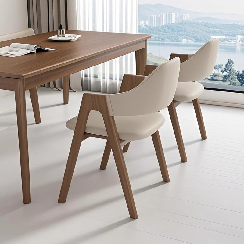 Chaise de salle à manger contemporaine scandinave en bois massif en forme de V avec dossier et accoudoirs en cuir microfibre et éponge 