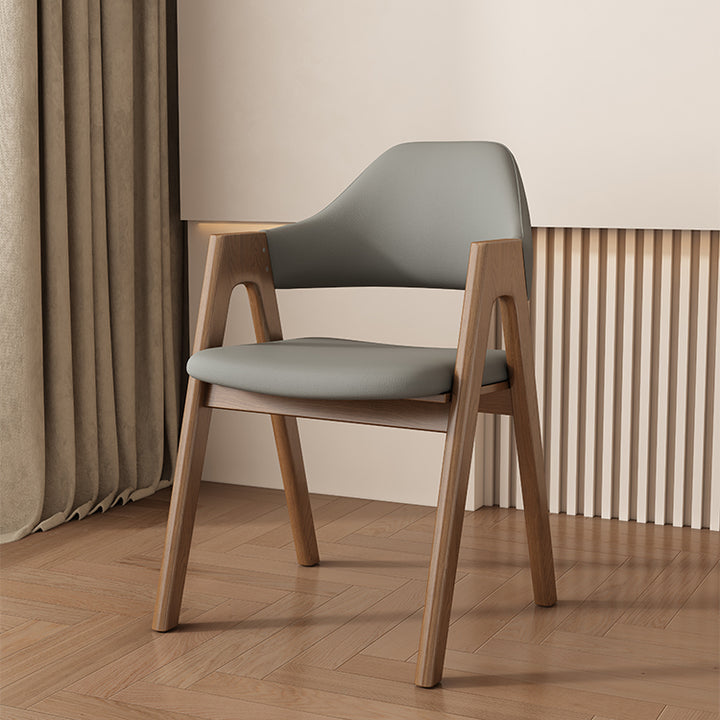 Chaise de salle à manger contemporaine scandinave en bois massif en forme de V avec dossier et accoudoirs en cuir microfibre et éponge 