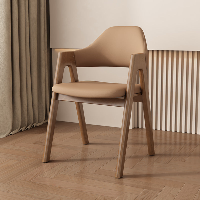 Chaise de salle à manger contemporaine scandinave en bois massif en forme de V avec dossier et accoudoirs en cuir microfibre et éponge 