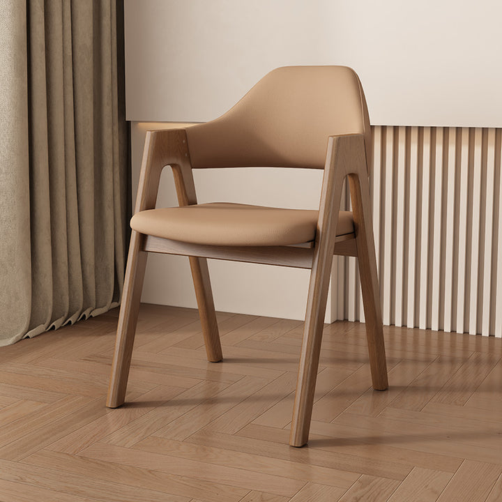 Chaise de salle à manger contemporaine scandinave en bois massif en forme de V avec dossier et accoudoirs en cuir microfibre et éponge 