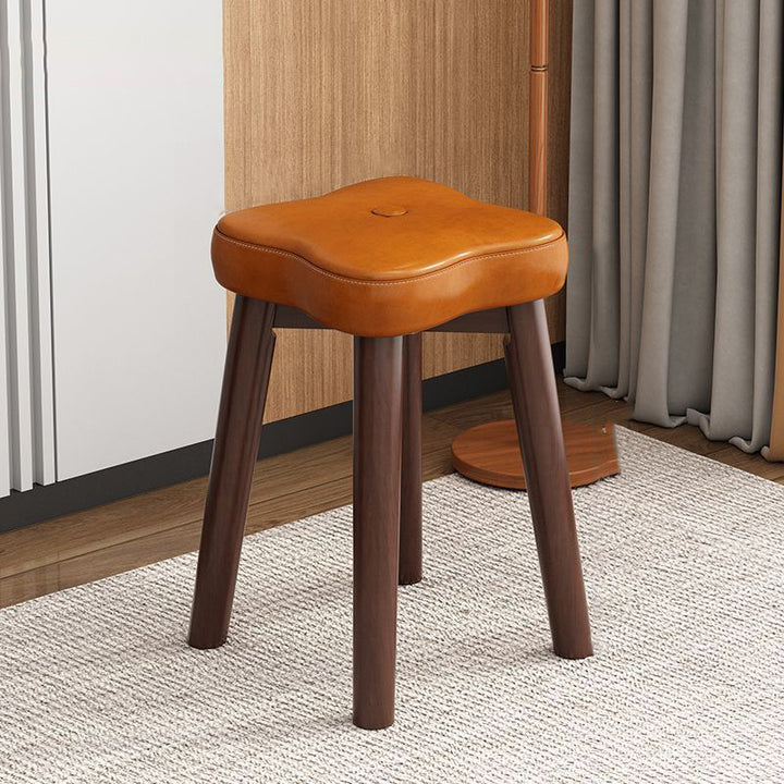 Traditional Vintage Flower Solid Wood Faux Oil Wax Leather Sponge Stackable Low Stool Backless Armless For Living Room