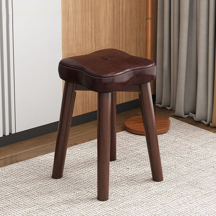 Traditional Vintage Flower Solid Wood Faux Oil Wax Leather Sponge Stackable Low Stool Backless Armless For Living Room
