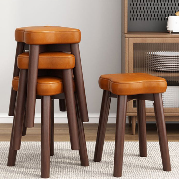 Traditional Vintage Flower Solid Wood Faux Oil Wax Leather Sponge Stackable Low Stool Backless Armless For Living Room