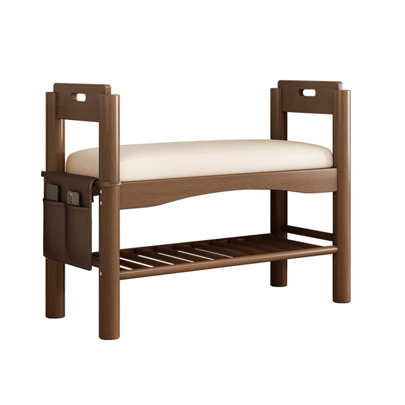 Traditional Rustic Rectangular Solid Wood PU Leather Sponge Shoe Bench Backless Armrest 2-Tier For Entryway
