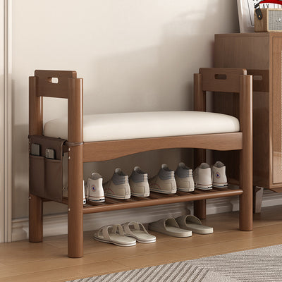 Traditional Rustic Rectangular Solid Wood PU Leather Sponge Shoe Bench Backless Armrest 2-Tier For Entryway