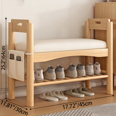 Traditional Rustic Rectangular Solid Wood PU Leather Sponge Shoe Bench Backless Armrest 2-Tier For Entryway