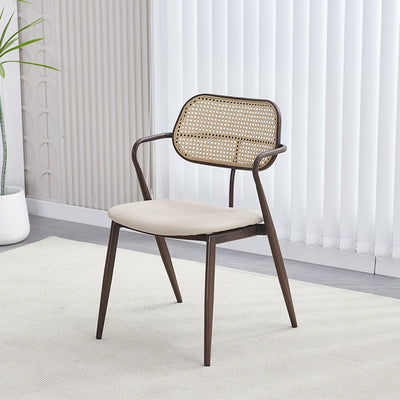 Contemporary Nordic Oval Iron Faux Leather Sponge Plastic Rattan Weaving Dining Chair Backrest Armrest For Dining Room