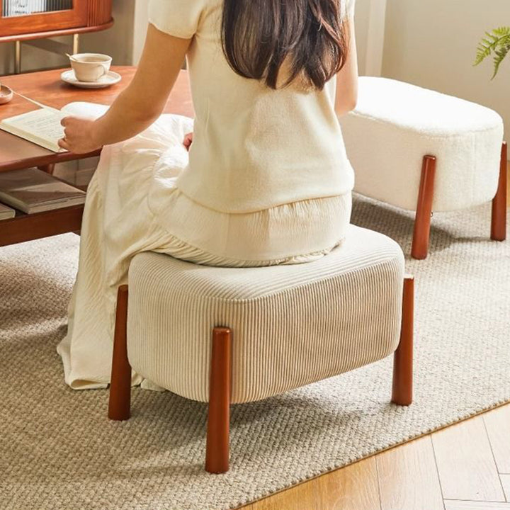 Modern Minimalist Oval Rubberwood Corduroy Teddy Fleece Faux Mink Fur Yarn Sponge Low Stool Backless Armless For Hallway