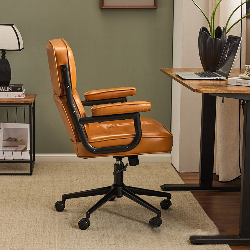 Contemporary Scandinavian Rotatable Rectangular Metal PU & Genuine Leather Sponge Liftable Desk Chair Backrest Armrest For Home Office