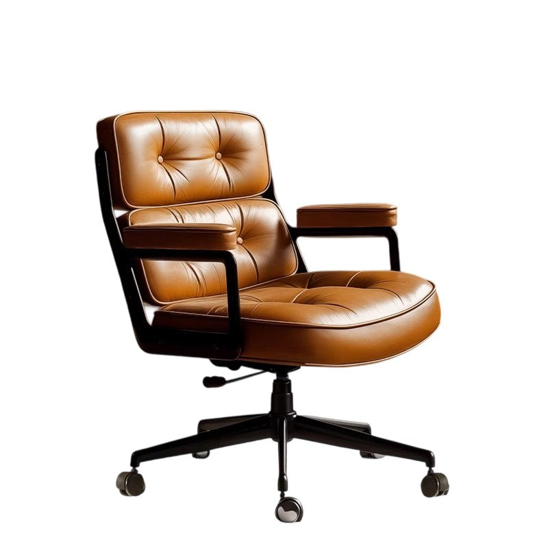 Contemporary Scandinavian Rotatable Rectangular Metal PU & Genuine Leather Sponge Liftable Desk Chair Backrest Armrest For Home Office